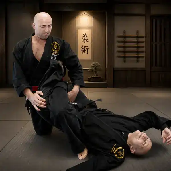 Instructor demonstrating an adult Ju-Jitsu ground-control technique
