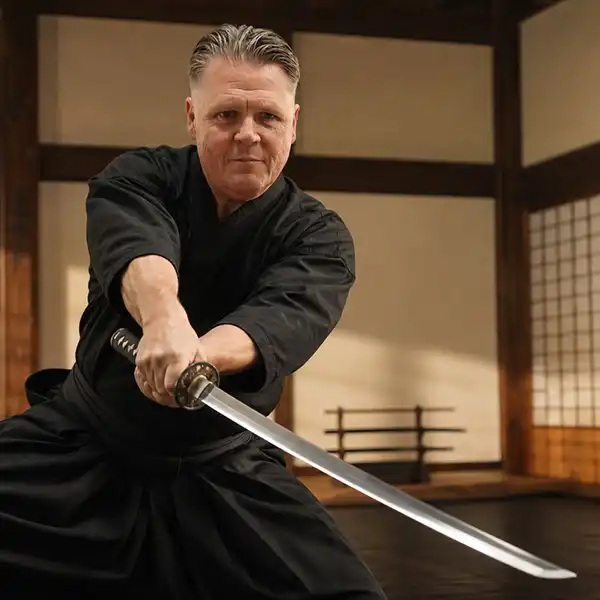 Adult Ju-Jitsu katana training in a traditional dojo