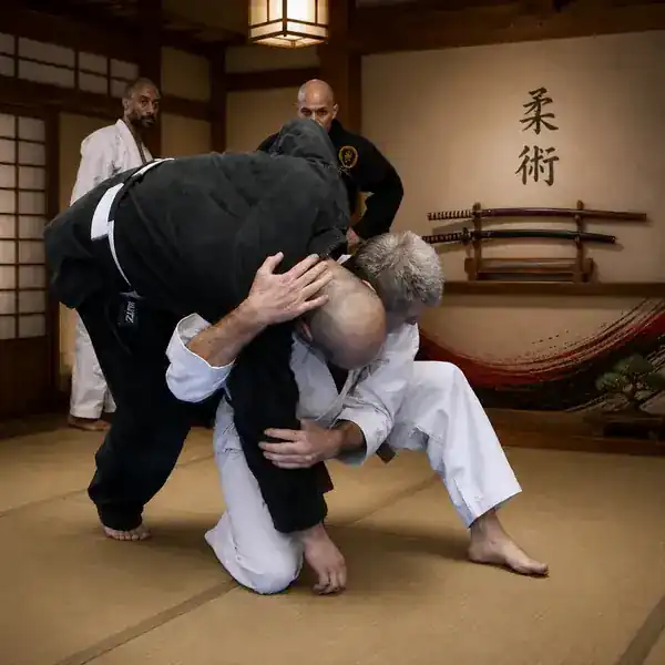 Adult Ju-Jitsu takedown training with black-belt instructors