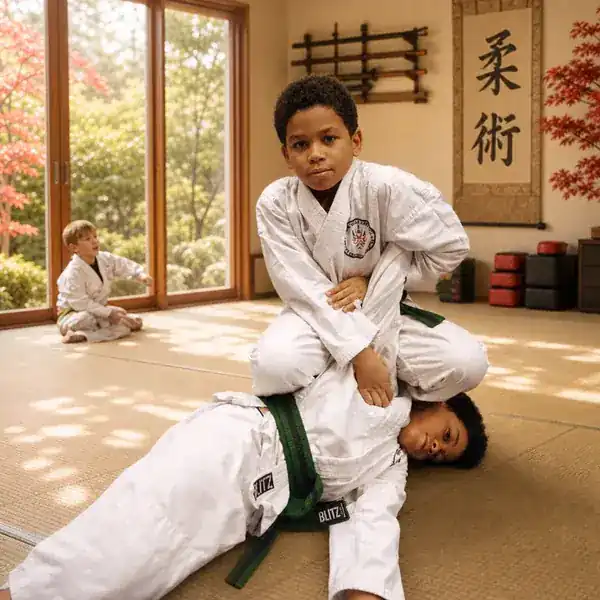 Children learning a controlled Ju-Jitsu ground lock