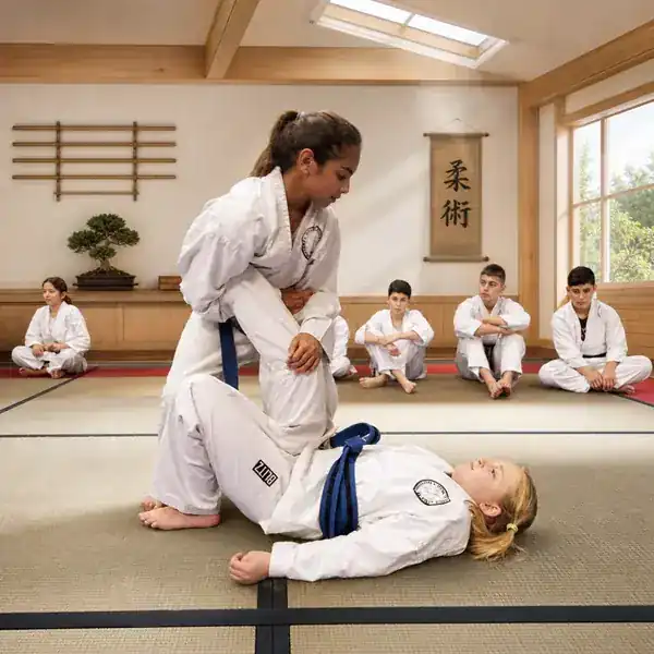 Children practising a controlled Ju-Jitsu joint lock in class